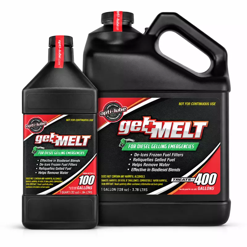 Opti-Lube Gel Melt quart in front of a larger gallon jug Opti-Lube Gel Melt quart in front of a larger gallon jug