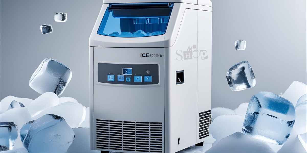 A sleek silver countertop ice machine from Me Shop making ice.