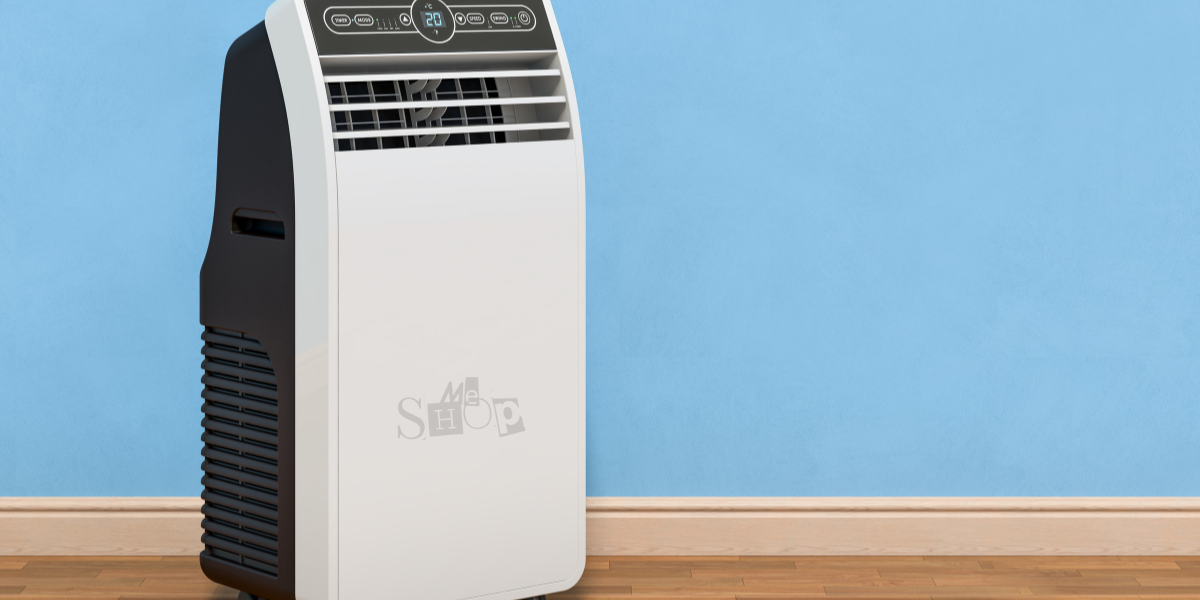 A sleek, white portable air conditioner unit from Me Shop cooling a modern living room. A sleek, white portable air conditioner unit from Me Shop cooling a modern living room.