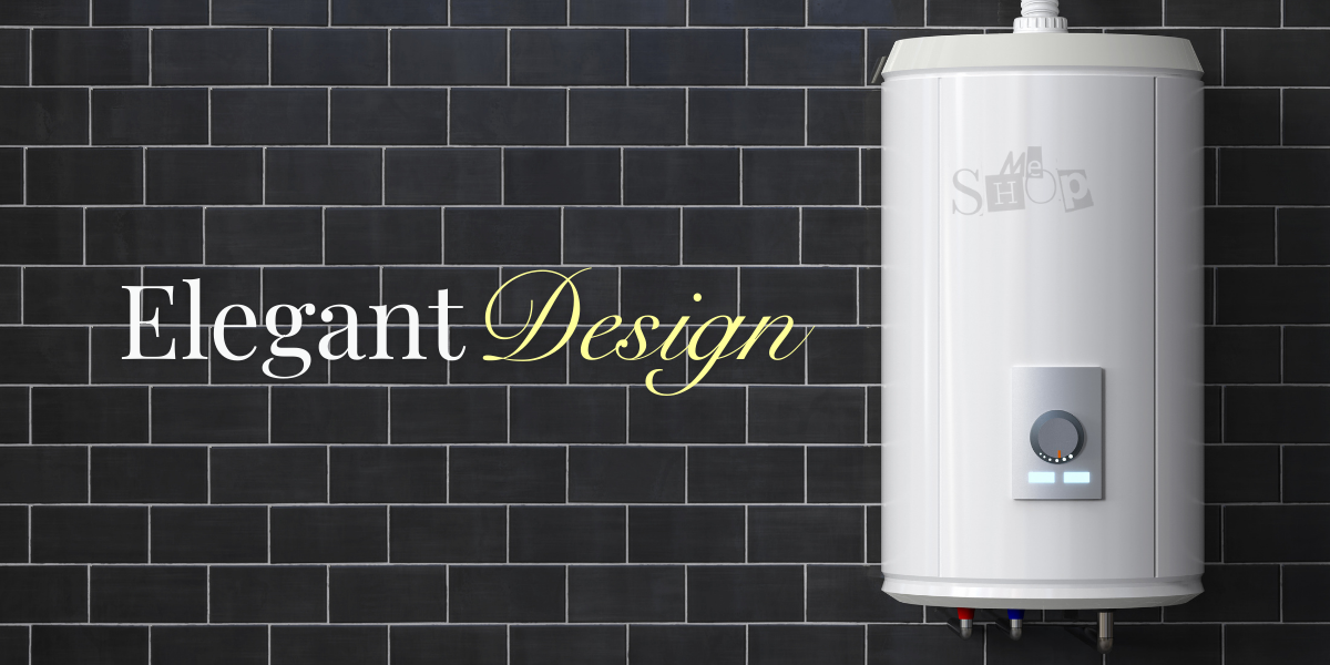 A modern white storage water heater installed on a tiled bathroom wall. A modern white storage water heater installed on a tiled bathroom wall.