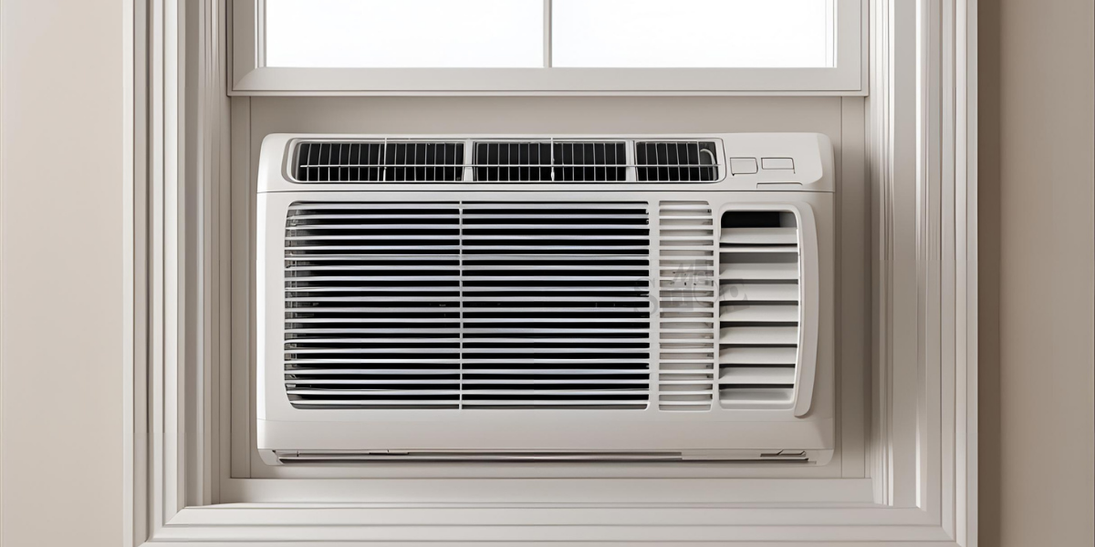 A white 1-ton window air conditioner unit from Me Shop installed in a modern living room wall.