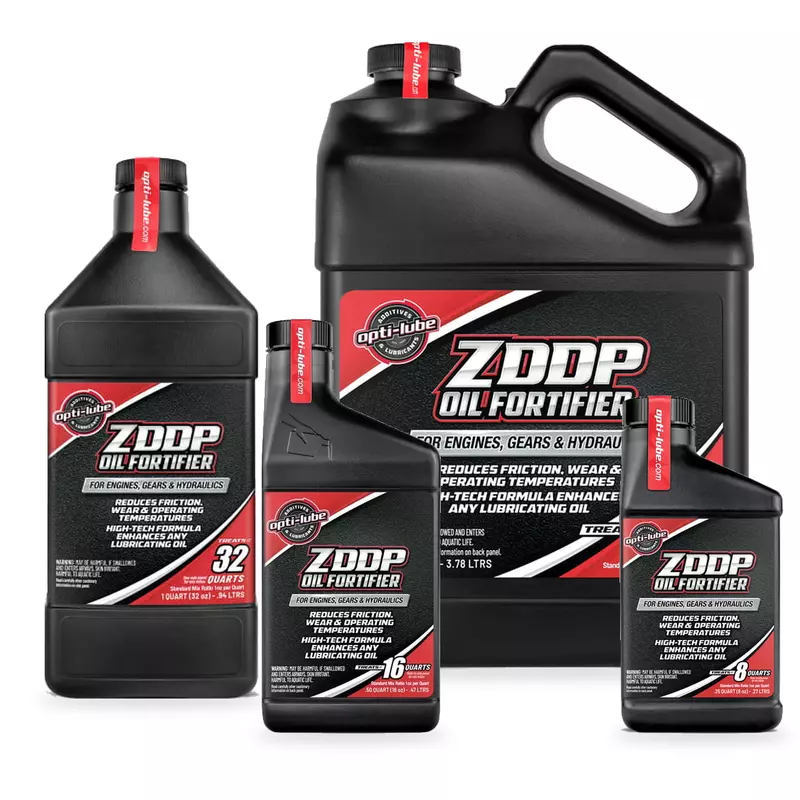 Opti-Lube ZDDP Oil Fortifier in 8 oz, 16 oz, quart and gallon bottles with red cap stickers