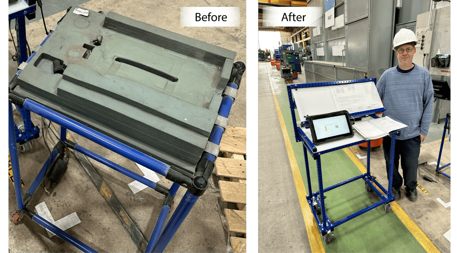 Before cart was made with Creform. After Workstation was made with Stream Innovation Material. Johnson Controls