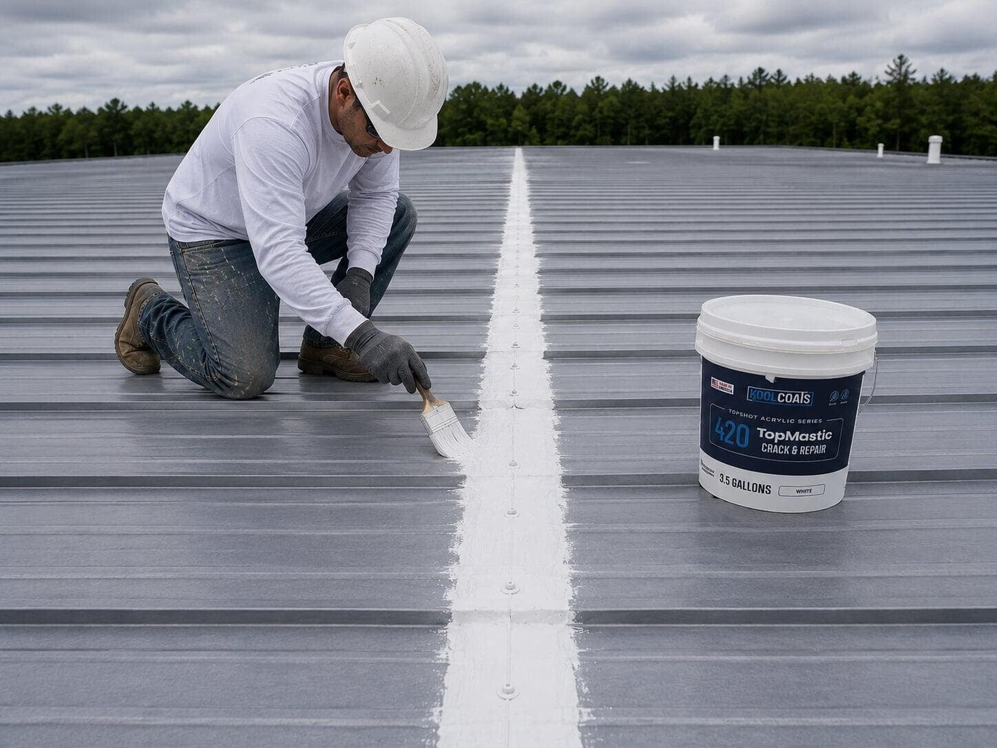 Contractor applying TopMastic Crack and Repair to metal roof end laps Contractor applying TopMastic Crack and Repair to metal roof end laps