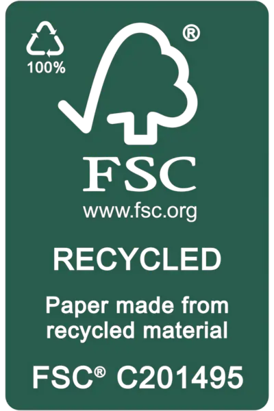 FSC 100% Recycled certified paperboard made from recycled material,
certified by the Forest Stewardship Council (FSC)  – Sowji Papers