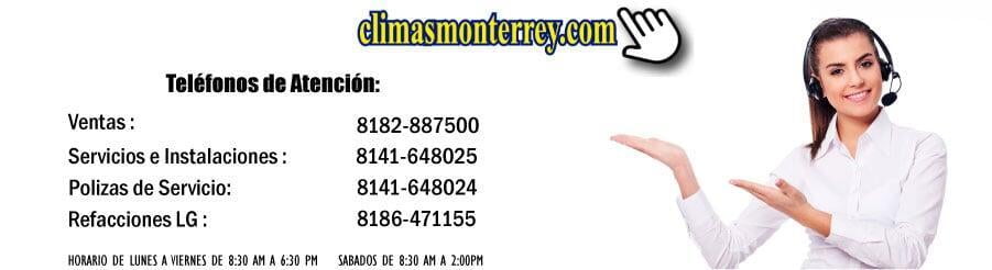 números de teléfono de atención al cliente, divididos en cuatro categorías: Ventas, Servicios e Instalaciones, Póliza de Servicio y Refacciones LG