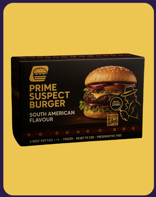 Popular menu item: Crime Burgers – South American flavour, featuring a double cheeseburger with sesame bun, lettuce, tomato, and melted cheese on a yellow background Popular menu item: Crime Burgers – South American flavour, featuring a double cheeseburger with sesame bun, lettuce, tomato, and melted cheese on a yellow background
