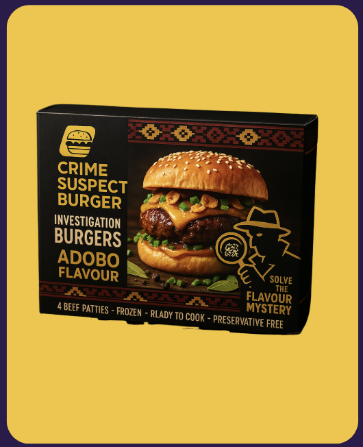 Popular menu item: Investigation Burgers – Adobo flavour, showcasing a cheeseburger with melted cheese and grilled onions on a yellow background Popular menu item: Investigation Burgers – Adobo flavour, showcasing a cheeseburger with melted cheese and grilled onions on a yellow background