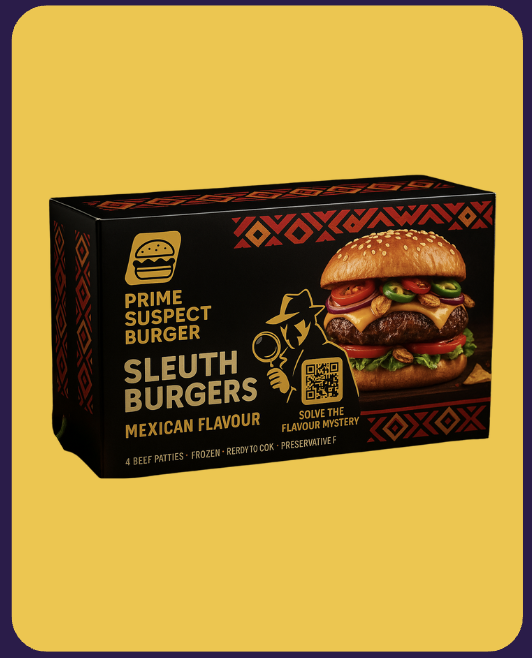 Popular menu item: Sleuth Burgers – Mexican Flavour, featuring a sesame seed bun burger topped with melted cheese, corn, black beans, and fresh lettuce on a yellow background Popular menu item: Sleuth Burgers – Mexican Flavour, featuring a sesame seed bun burger topped with melted cheese, corn, black beans, and fresh lettuce on a yellow background