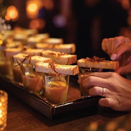 lentil gazpacho shooters with crispy shallot served at Flat6Labs Demo Day event in GEM feb 2023 lentil gazpacho shooters with crispy shallot served at Flat6Labs Demo Day event in GEM feb 2023
