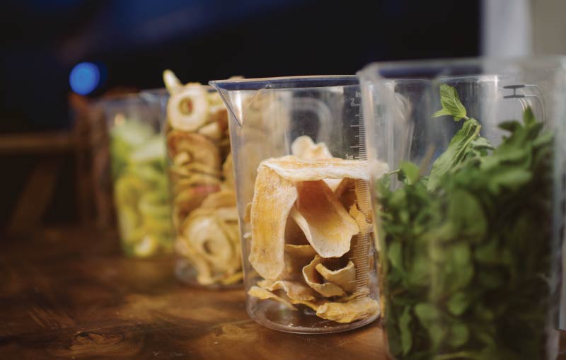 Fresh fruit, herbs and garnishes prepared for live mocktail service at the LOriental Bar