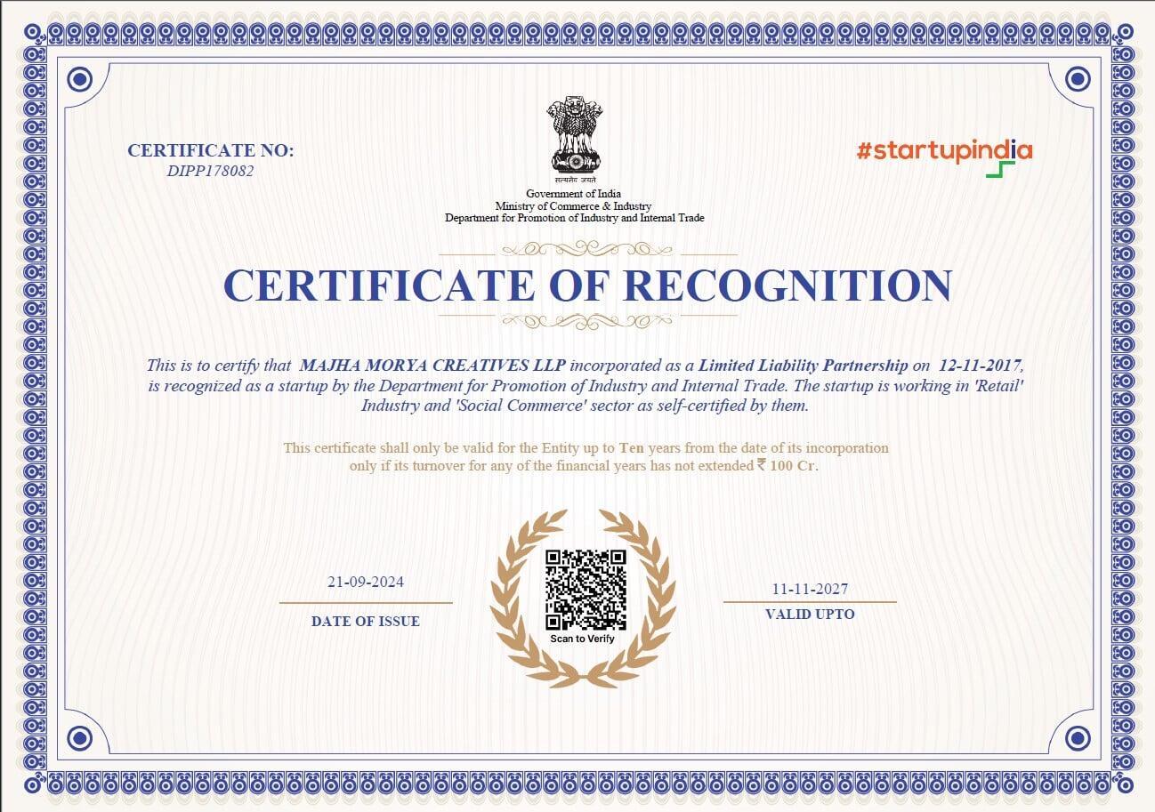 "DPITT recognition from the Government of India – The first and
only startup in the Ganesh idols industry, transforming the shopping
experience with digitalized operations and seamless customer support." "DPITT recognition from the Government of India – The first and
only startup in the Ganesh idols industry, transforming the shopping
experience with digitalized operations and seamless customer support."