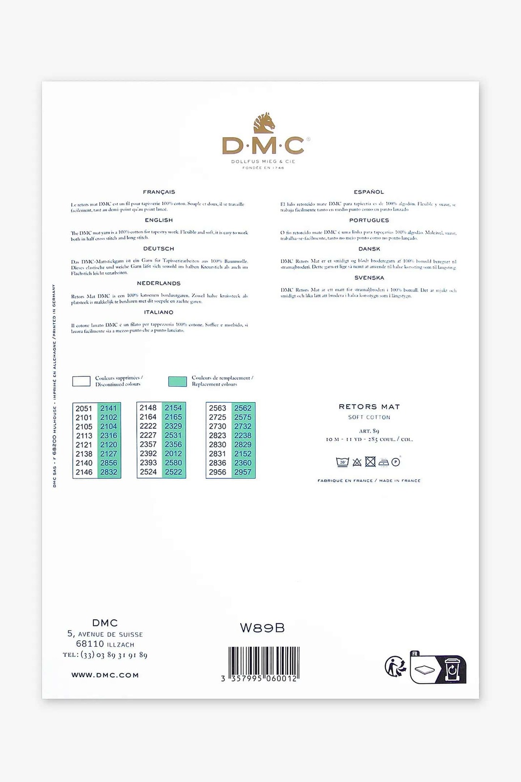Retro della cartella colori in cui sono visibili i colori eliminati e quelli messi in sostituzione.