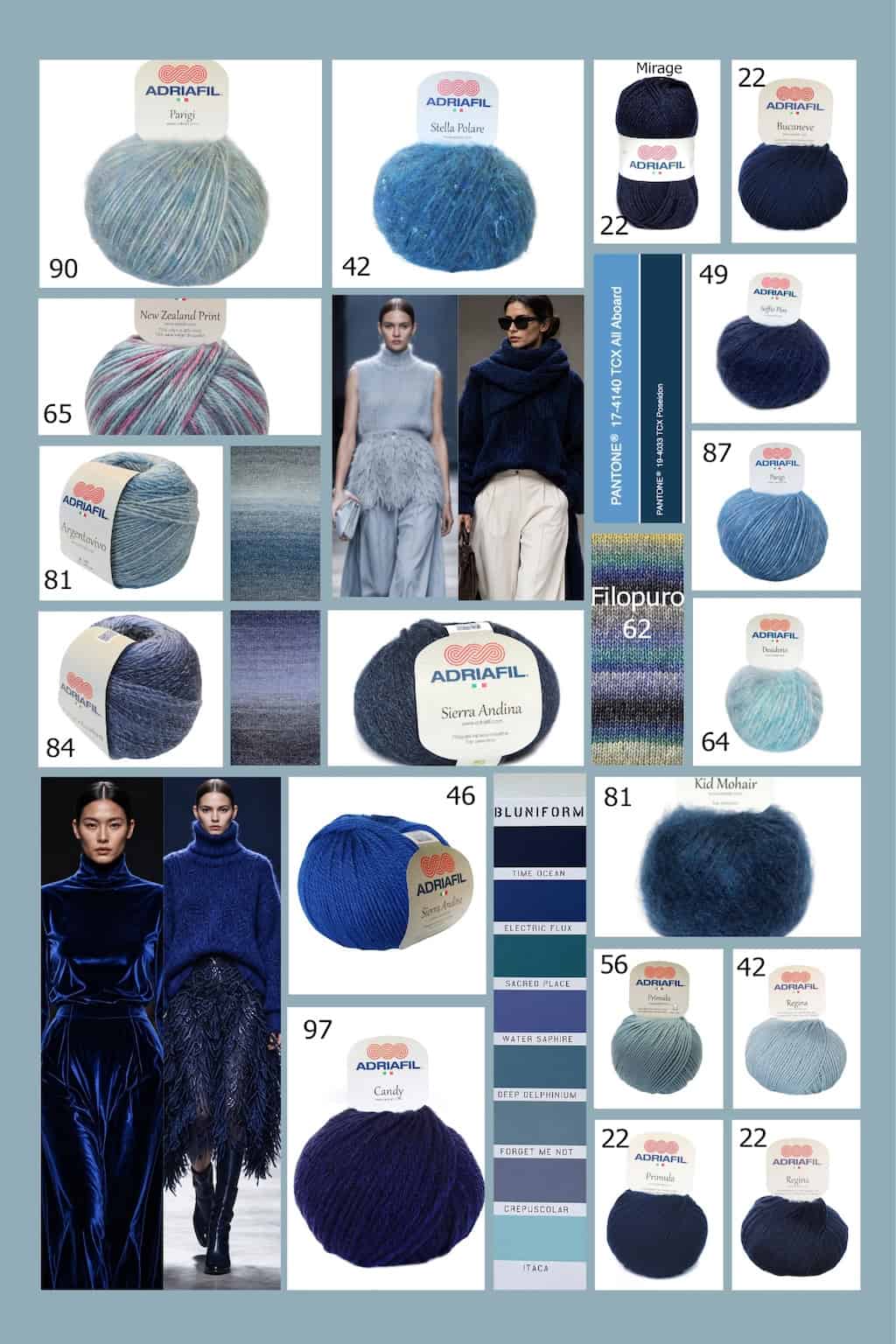 Gomitoli di filati Adriafil disponibili nei toni di colore Blu