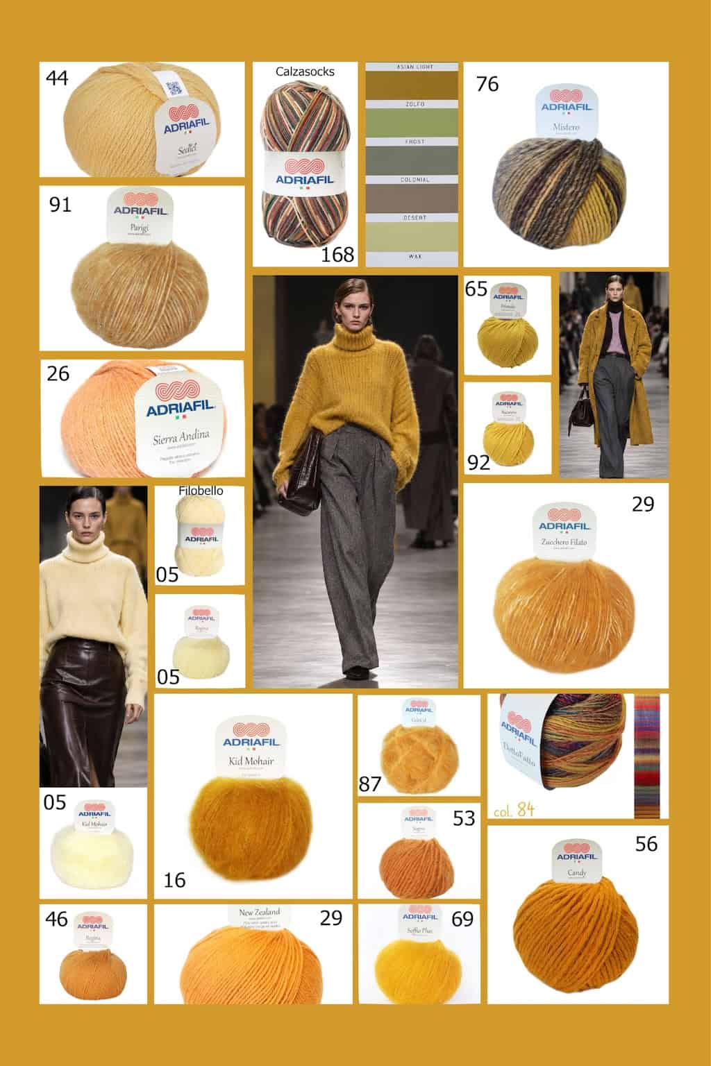 Gomitoli di filati Adriafil disponibili nei toni di colore Ocra Gomitoli di filati Adriafil disponibili nei toni di colore Ocra