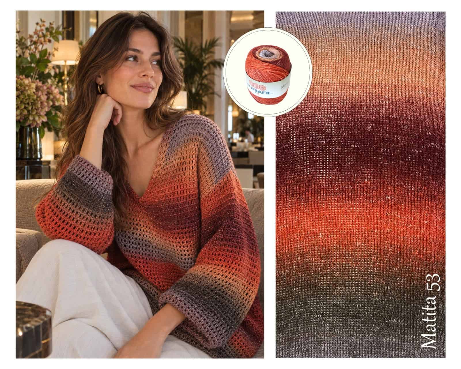La donna indossa una maglia a maniche lunghe realizzata a mano con filato Adriafil Matita, nuovo colore 53