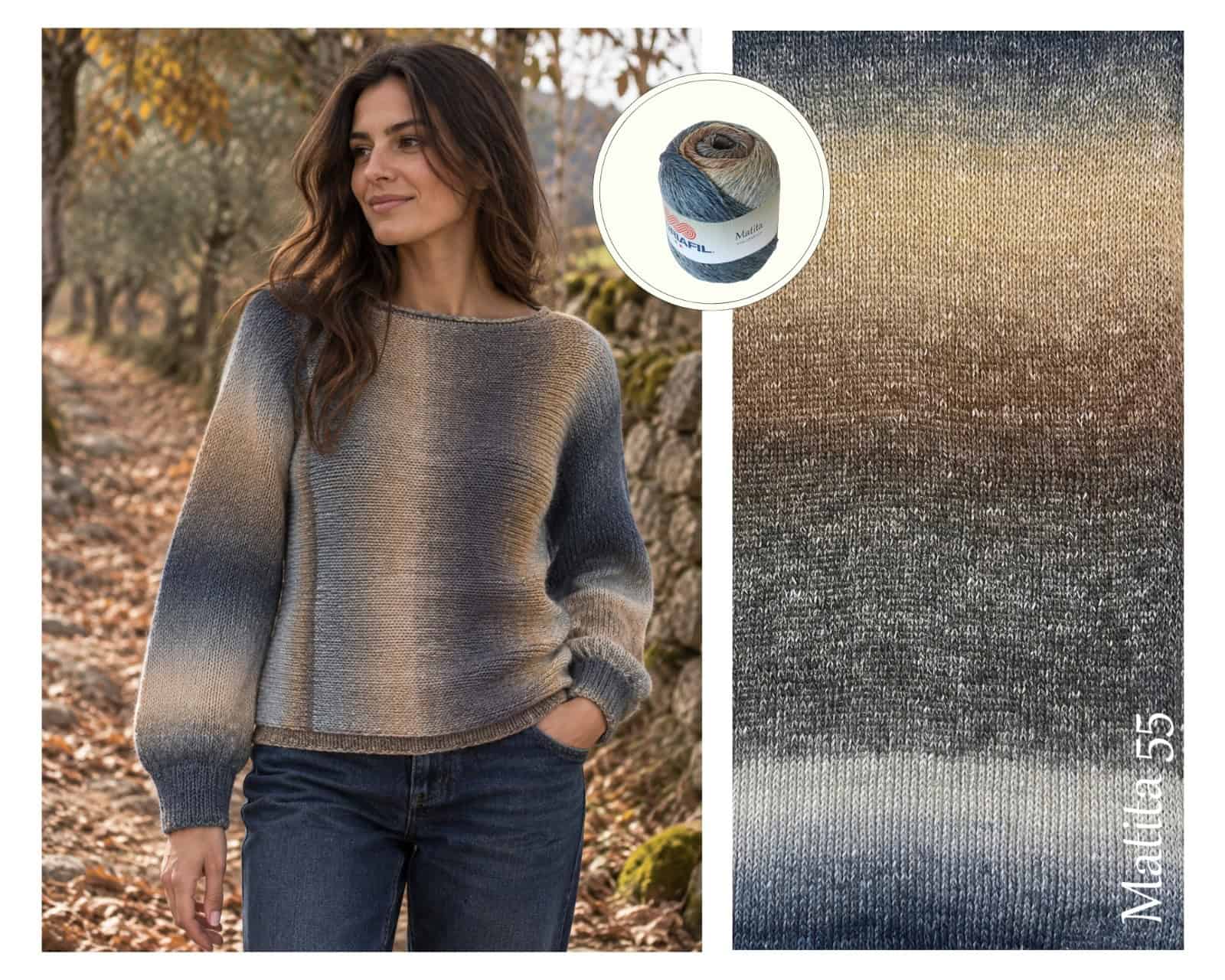Maglia fatta a mano con scollatura a barchetta e manica lunga. Utilizzato Adriafil Matita col. 55