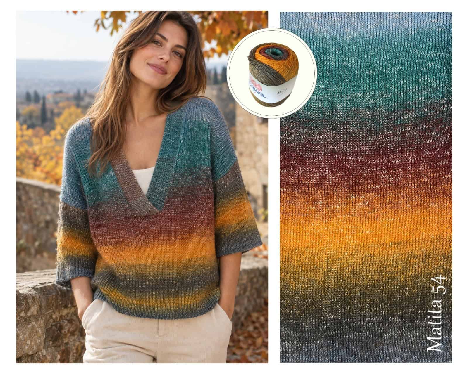La donna indossa una maglia con scollatura profonda e manica tre quarti, è realizzato a mano con ferri e Adriafil Matita col. 54 La donna indossa una maglia con scollatura profonda e manica tre quarti, è realizzato a mano con ferri e Adriafil Matita col. 54