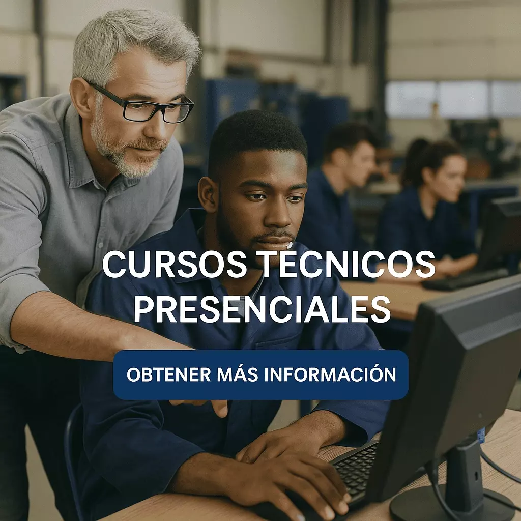 Instructor guiando a estudiante en curso técnico presencial de computación y tecnología en Colombia – Capacitación práctica profesional