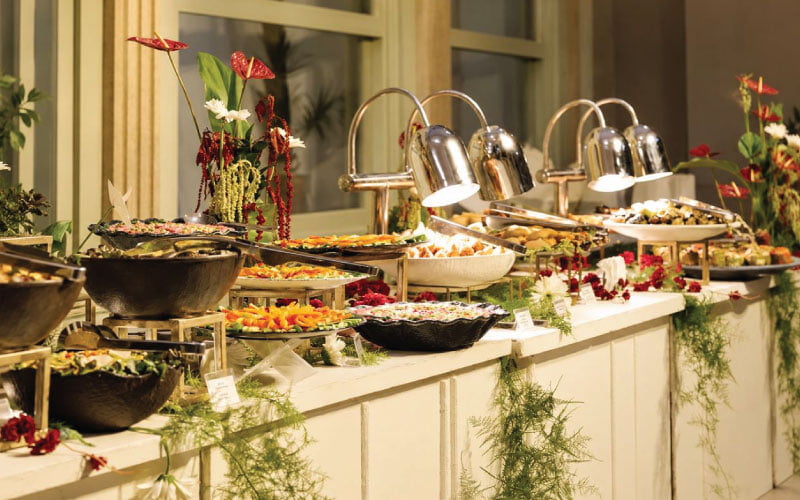 Full main course open buffet spread at a LOriental event in Manial Palace Golden Hall terrace