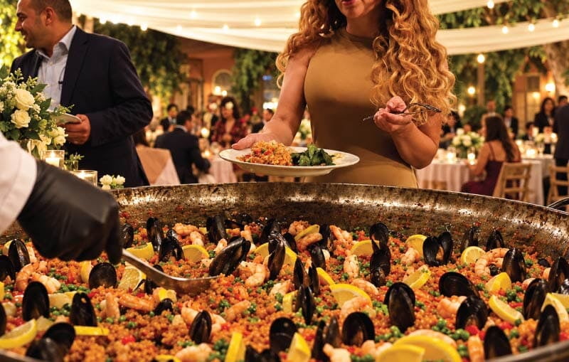 Guest serving seafood paella from a live buffet station at an outdoor LOriental event in Egypt.