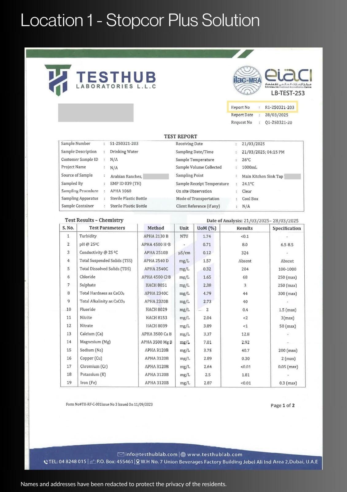 Water Report - Location 1