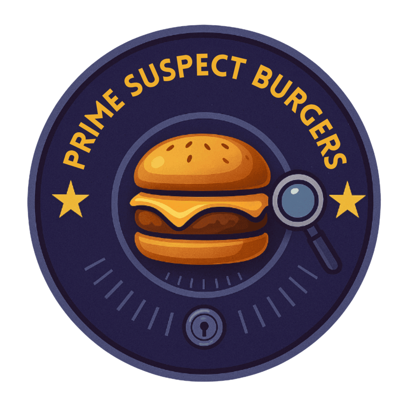 Prime Suspect Burgers website graphic featuring a gourmet beef burger on a brioche bun with crisp lettuce and red onion, alongside a cartoon detective inspecting caution tape on a dark purple background Prime Suspect Burgers website graphic featuring a gourmet beef burger on a brioche bun with crisp lettuce and red onion, alongside a cartoon detective inspecting caution tape on a dark purple background
