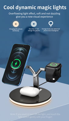 3 in 1 Magnetic wireless charger with Light for iPhone 12/pro/mini/promax, AirPods and Apple Watch