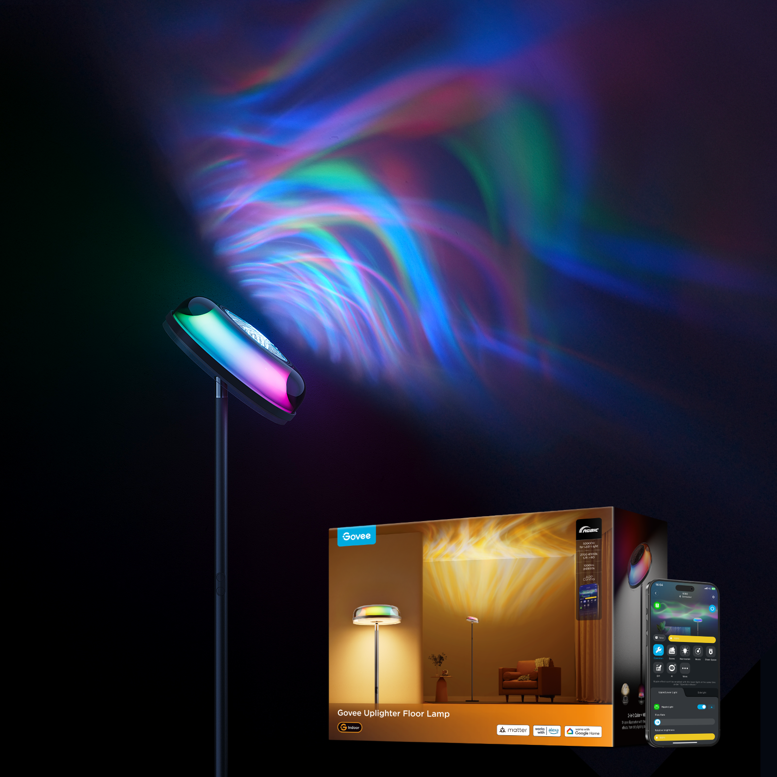 Govee Uplighter Floor Lamp - Tri-Zone RGBIC Smart LED with Matter Support