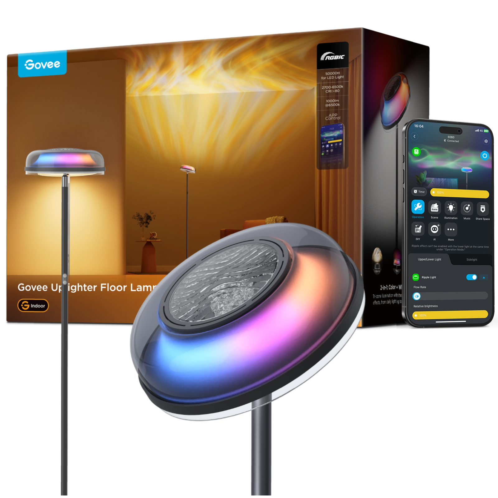Govee Uplighter Floor Lamp - Tri-Zone RGBIC Smart LED with Matter Support