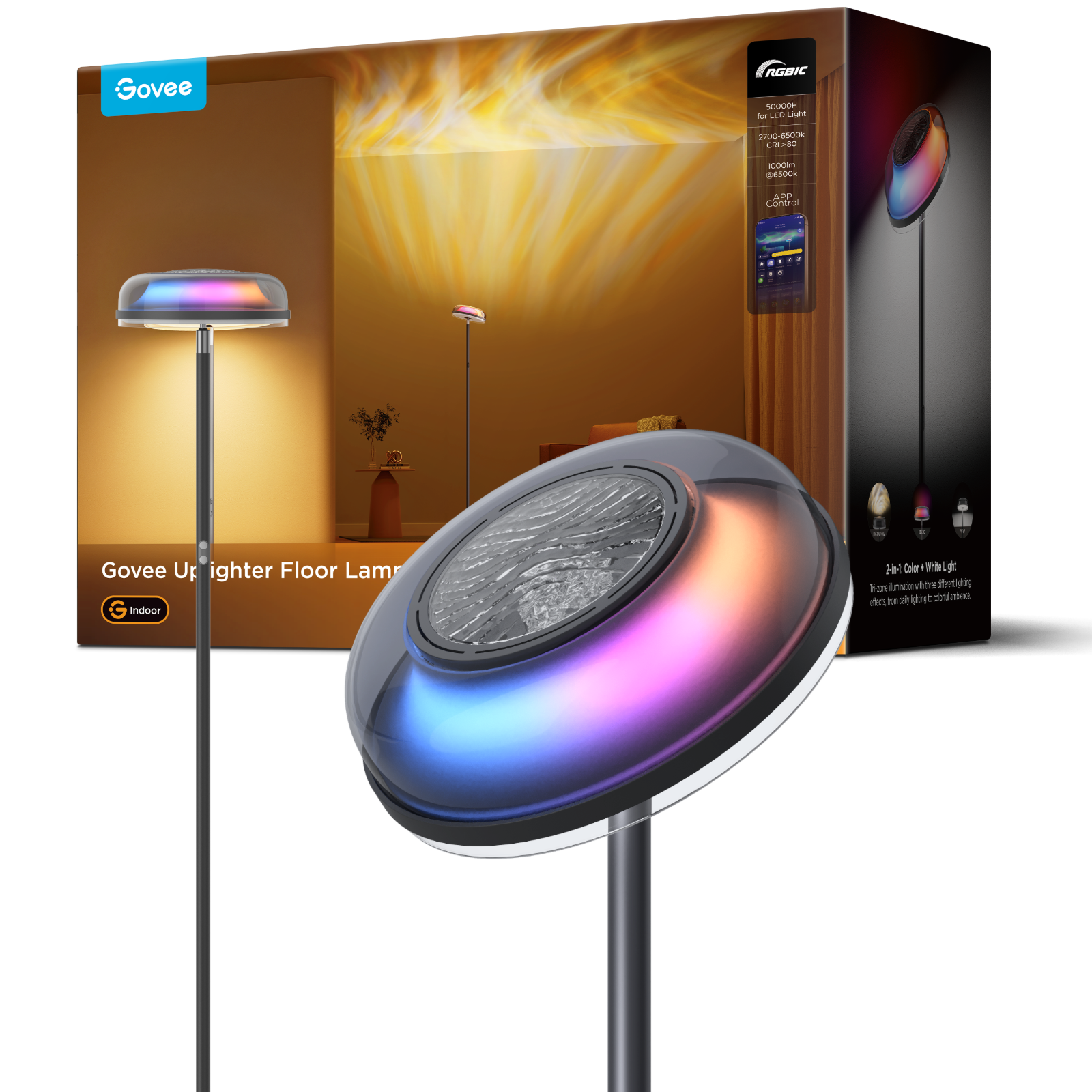 Govee Uplighter Floor Lamp - Tri-Zone RGBIC Smart LED with Matter Support