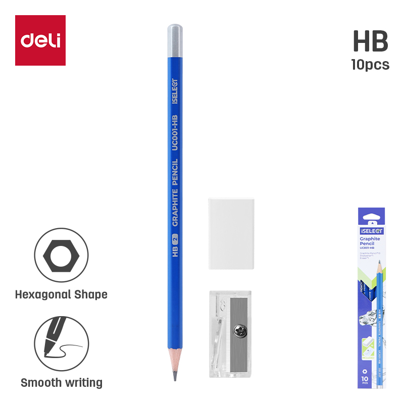 DELI UC001-HB GRAPHITE HB PENCILS 10PCS/PKT/SHARPENER/ERASER