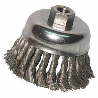 Knot Wire Cup Brush, 3 in Dia, 5/8-11 Arbor, .012 in Carbon Steel