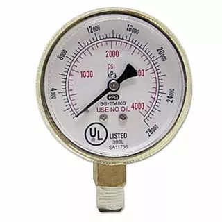 Pressure Gauge, 2-1/2 in, 4000 psi, Brass, 1/4 in NPT