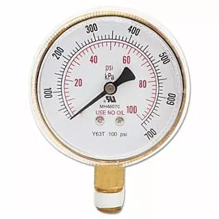 Pressure Gauge, 2-1/2 in, 100 psi, Brass, 1/4 in NPT