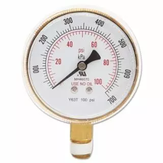 Pressure Gauge, 2-1/2 in, 100 psi, Brass, 1/4 in NPT