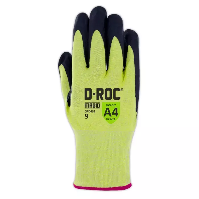 Magid® D-ROC® Hi-Vis Foam Nitrile Dotted Palm Coated Touchscreen Gloves — ANSI Cut Level A4