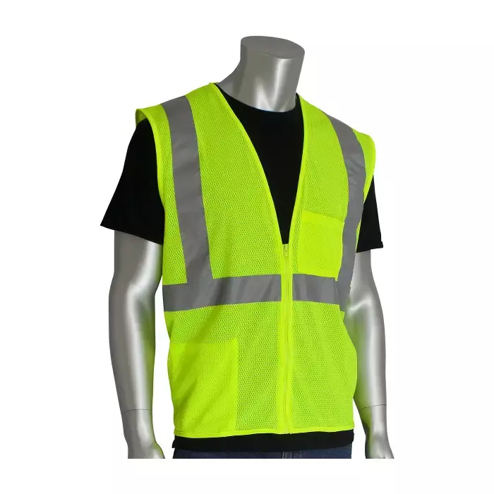 PIP 302-0702Z Type R Class 2 High Visibility Yellow 2-Pocket Zipper Mesh Safety Vest