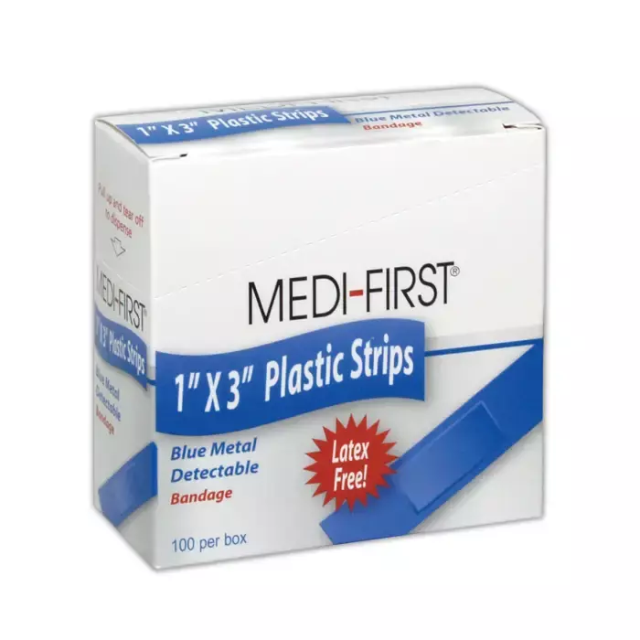 Medi-First MP67133 Blue 1" x 3" Metal Detectable Plastic Bandages