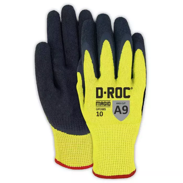 Magid® D-ROC® 13-Gauge Hi-Vis Non-Marring Crinkle Latex Coated Cut Resistant Work Glove - Cut Level A9