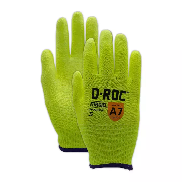 Magid D-ROC® Lightweight Hi-Viz Polyurethane Palm Coated Gloves - Cut Level A7 (Shrink-Wrapped)