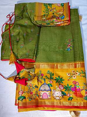 J424: Ready To Ship Beautiful Mangalagiri Saree With Stitched Blouse