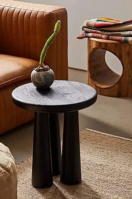 Round Black Solid Wood End Table - Modern Accent Side Table with Tapered Legs
