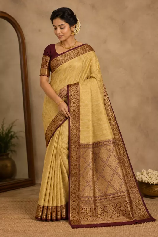 Cream Gold & Maroon Banarasi Silk