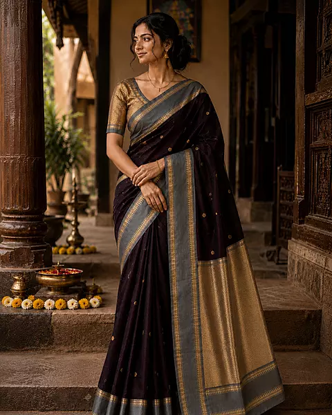 Brown With Grey Banarasi Silk