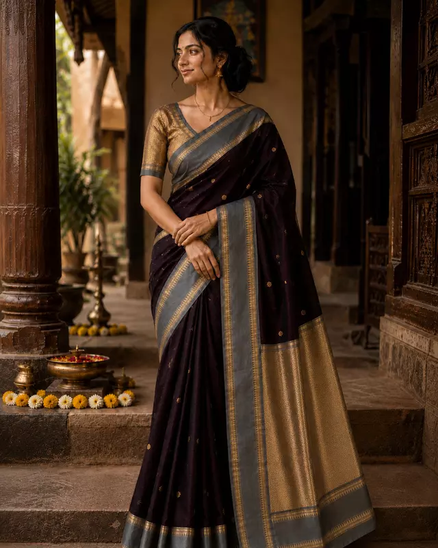Brown With Grey Banarasi Silk