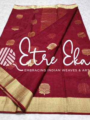 Chanderi Katan Silk Maroon Saree with Flower Bootas in Gold  with Zari Border