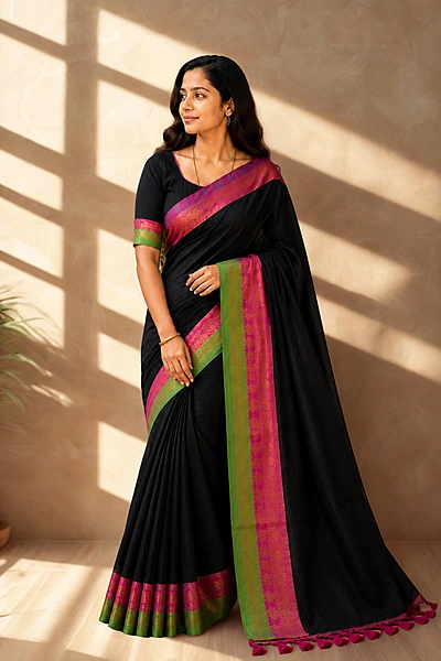 Mul cotton with kanchi border Black