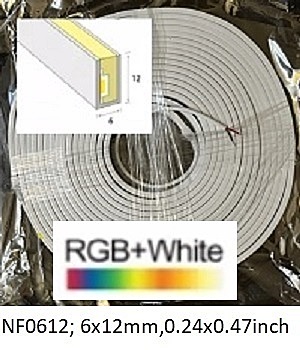 Neon-Flex 0612, 24VDC, 12 total Watts/meter, Dimmable, Cuts 62.5mm, Side Bend, RGBW-3000K, Bottom Wire-UL