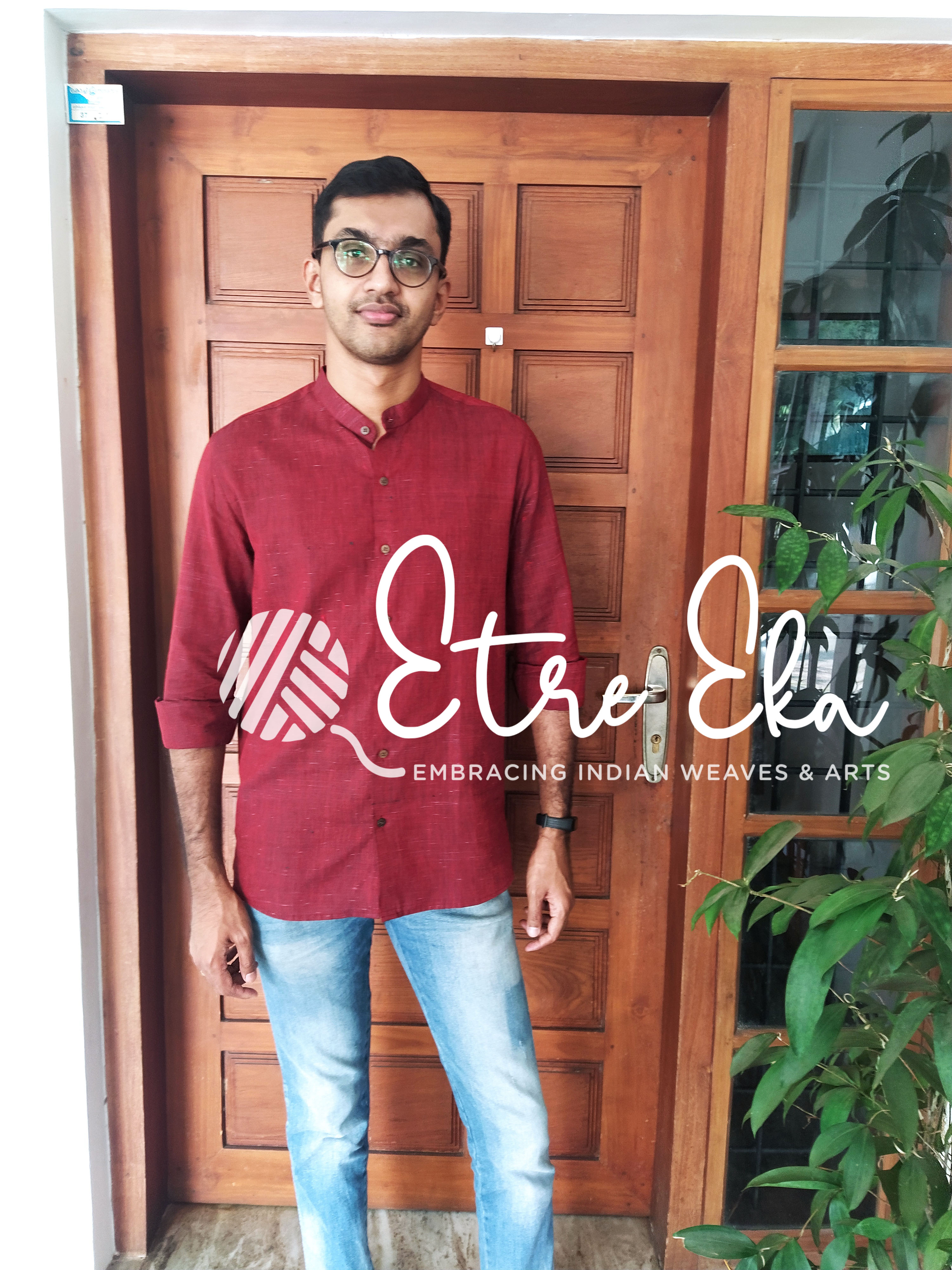 Men's Short Kurta -Maroon Khadi Kurta with Chinese Collar